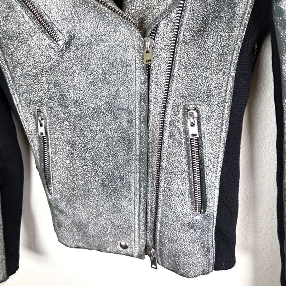 Women's IRO Ilaria Crack Leather Green White Lampskin Moto Zip Jacket Size 34 - Picture 7 of 12